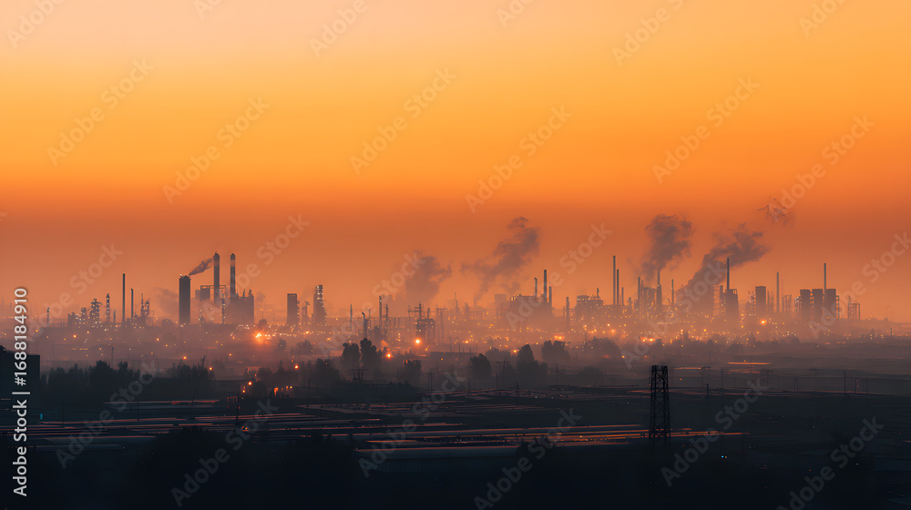 Fototapeta premium Industrial skyline at sunset with haze and smog creating a dramatic ambiance