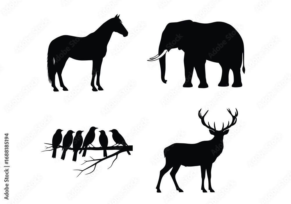 Fototapeta premium Horses, Elephants, Deer, and Birds in Nature Illustrations - Artistic Animal Compilation
