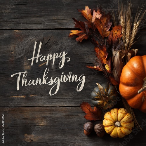 Happy Thanksgiving hand lettered on rustic wooden background with pumpkins, cranberries, autumn leaves, seasonal greeting, social media post, greeting card, small business, warm tones

