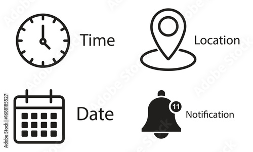 Essential time, location, date, and notification icons for modern app design and UI/UX