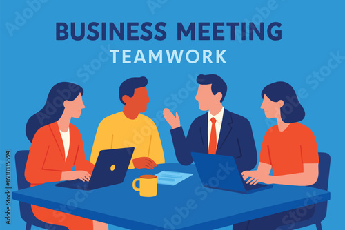 Business Meeting Teamwork Illustration: A dynamic illustration depicting a collaborative business meeting, where individuals engage in focused discussion around a table.