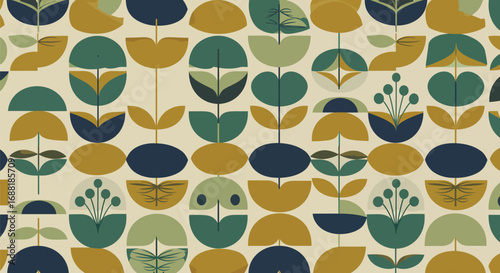 Mid-century modern seamless abstract floral pattern. Retro design, stylized botanical elements, muted green, blue, mustard colors on light background
