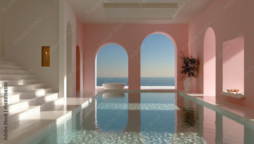 Fototapeta premium Modern, airy pool house with pink accents