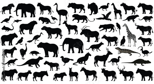 Diverse Wildlife Silhouettes A Collection of Various Animal Shapes Depicting a Wide Array of Fauna, Illustrating a Variety of Mammals, Birds, and Reptiles