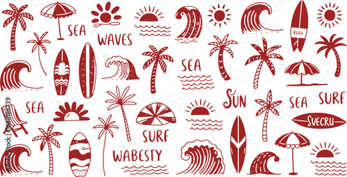 Seaside Adventure Hand-Drawn Summer Surfing & Beach Holiday Icons Pattern in Retro Red