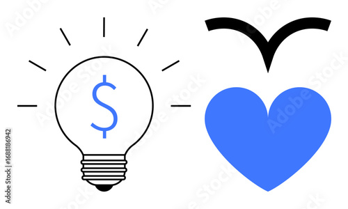Light bulb with dollar sign representing ideas and finances next to a blue heart with wings for care, charity, growth, and social values. Ideal for business, innovation, charity, monetary strategy