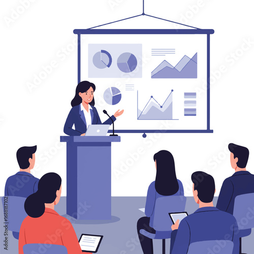 Flat 2D vector illustration of a confident female executive presenting to an attentive audience in a modern conference room, with abstract graphics on a large screen behind her.