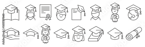 Graduation icon set in thin line style