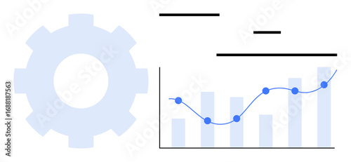 Gear icon alongside bar graph with trendline signifying progress. Ideal for analytics, strategy, business growth, process optimization, data monitoring, technology, simple landing page