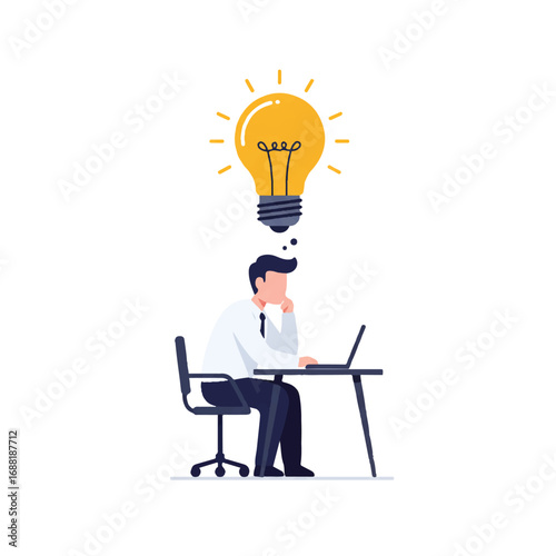 2D flat vector illustration of a business person contemplating an idea, a lightbulb (no filaments or electrical symbols) above, symbolizing innovation.