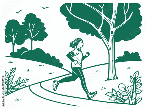 Vector illustration of a person jogging in park, flat minimal style