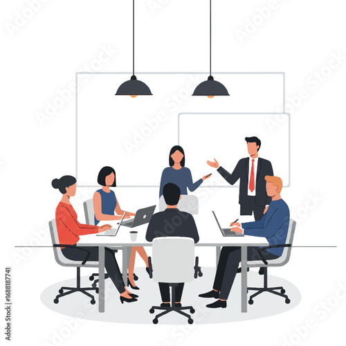 Diverse business professionals engage in a meeting in a modern conference room, seated at a large table, one person standing and gesturing, depicted in a clean flat vector style.