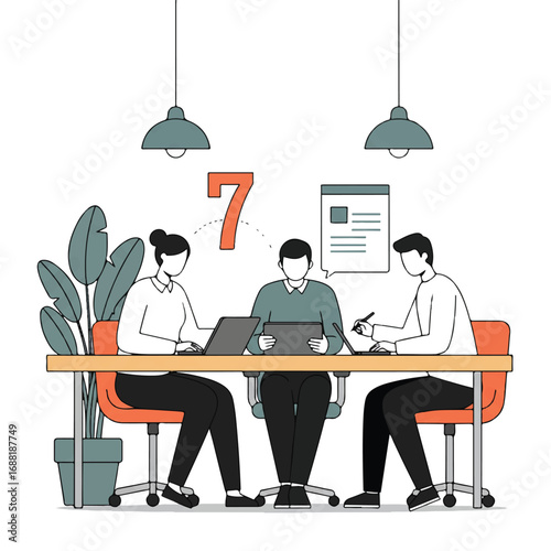 Clean 2D flat vector illustration of three business professionals collaborating around a desk, sharing ideas and reviewing a tablet in a modern office with background plants.