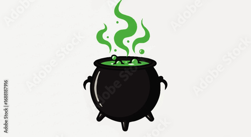 A black cauldron with green bubbling potion and smoke.