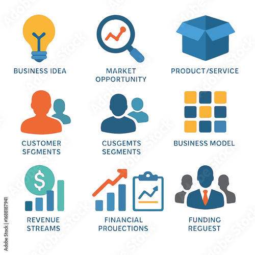 Business Strategy Icons: A visually engaging arrangement of flat design icons representing core business strategies. Each icon, with its clean lines and vibrant color palette.
