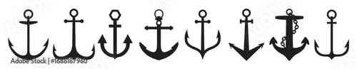 Anchors silhouette set. Anchor in sea. Nautical symbol. Simple anchor collection flat style