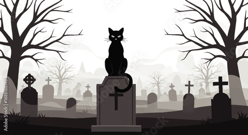 A black cat sits majestically on a tombstone in a spooky graveyard.