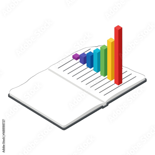Colorful Bar Chart on Open Book With White Background in Isometric View Showing Statistical Data Presentation With Growing Trends