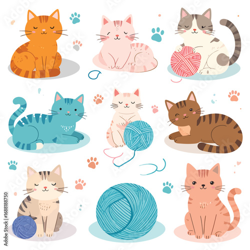A delightful collection of cute cartoon cats and playful kittens in various poses, some interacting with colorful yarn balls and surrounded by paw prints.