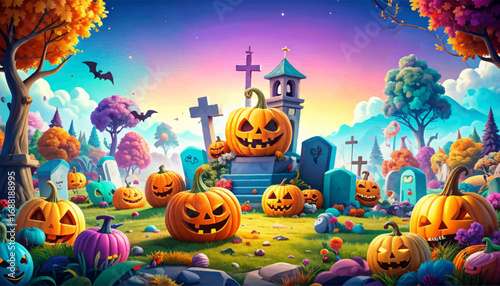 Fun Halloween pumpkins in haunted place. Magical Halloween cemetery with pumpkins. Halloween-themed graveyard with pumpkins. Haunted graveyard with pumpkin, bats. Halloween night with pumpkins, graves
