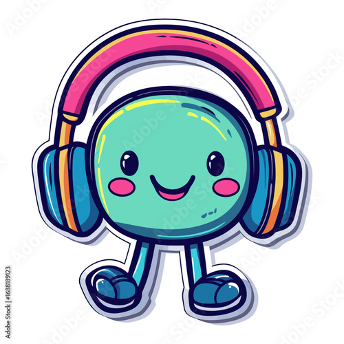 smiling cartoon character of person wearing headphones on websites and blogs related to music,audio content,podcasts,and online streaming services.The style is sticker illustration.