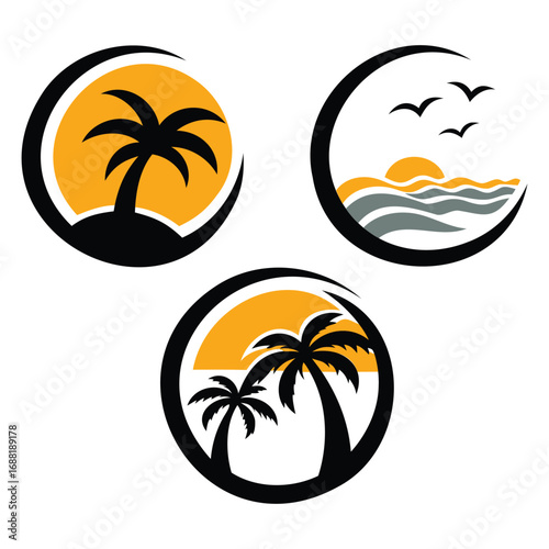 Tropical Sunset Logos – Palm Trees and Beach Vector Icons Set
