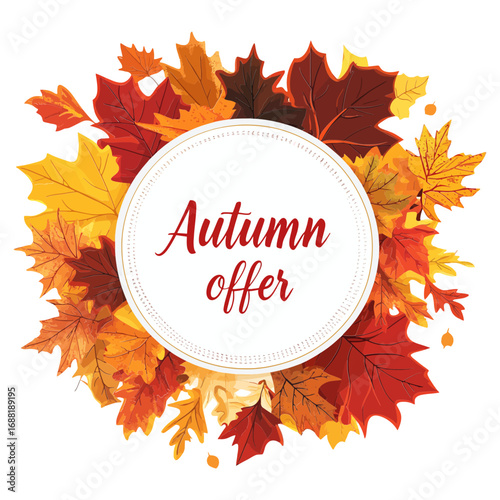 watercolor-style icon of an "Autumn offer" banner surrounded by fall leaves for promotional banners on e-commerce sites,social media ads,and blogs about seasonal sales