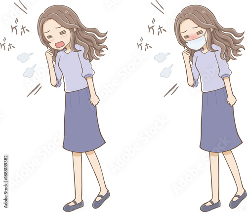 Long wavy-haired woman coughing with and without mask (full body)