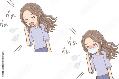 Long wavy-haired woman coughing with and without mask (upper body)