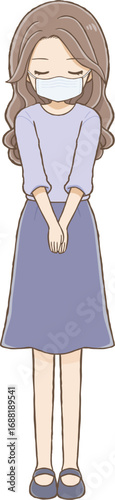 Long wavy-haired woman bowing with mask (full body)