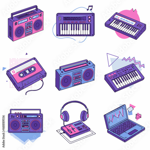 Retro Music Devices and Modern Tech in Vibrant Isometric Illustrations for a Nostalgic Audio Experience.
