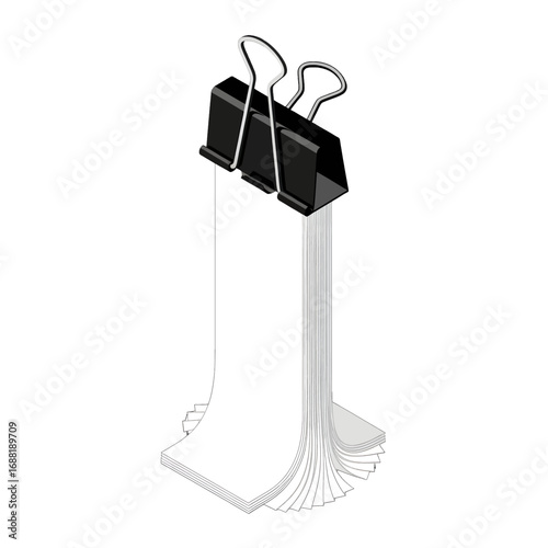 Black Metal Binder Clip Securing Stack of Papers on White Background Isometric View