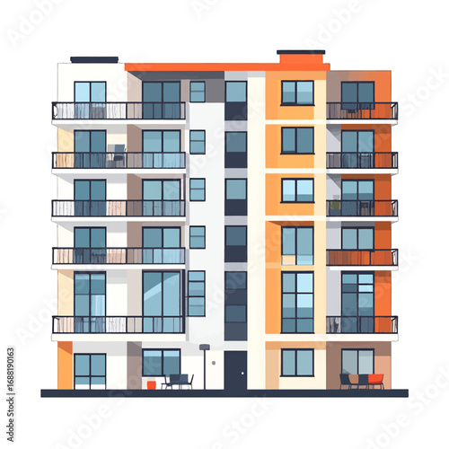 Modern Apartment Building Exterior with Balconies White Orange and Blue Against a White Background in Flat Vector Illustration Style