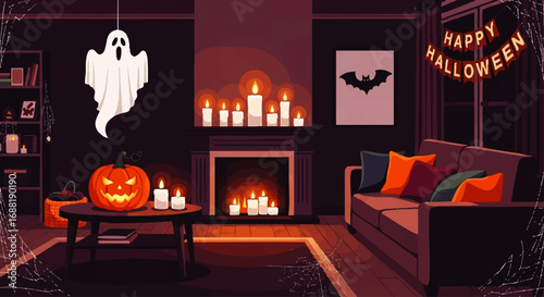 Cozy Halloween Living Room with Jack O Lantern and Ghost Decoration.