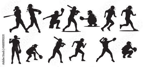 diverse female softball players in action silhouettes