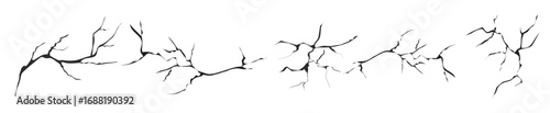 Set of ground cracks from a top view, earthquake cracks and holes, ruined and crushed land texture. Breaks on the land surface isolated on a white background. Broken wall with a glass pattern effect
