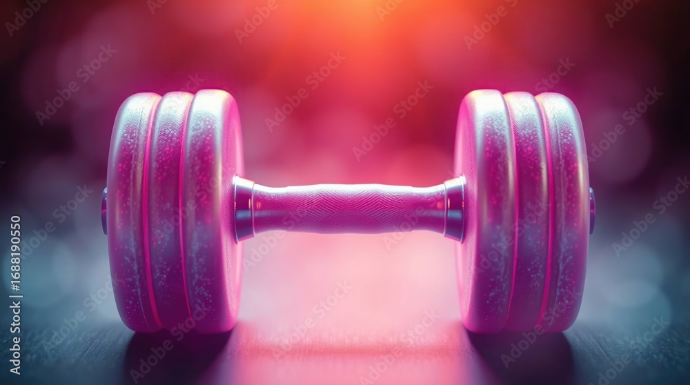 Naklejka premium Pink dumbbell with fitness, gym, and dark.