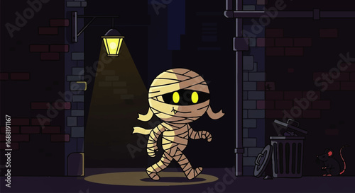 Cute cartoon mummy character walking in a dark alley at night.