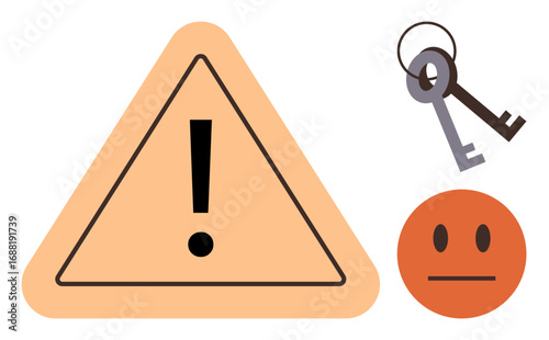 Triangular caution sign with exclamation mark, keys, and neutral face denoting security, risk, and caution. Ideal for safety, security, warning, danger access control risk management simple flat