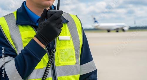 Dedicated airport security professional ensuring safety and smooth operations on the tarmac, communicating via a two-way radio system