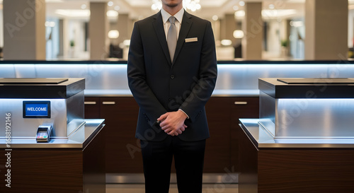 Impeccably dressed hotel concierge offering first-class hospitality service, standing at the reception counter with a welcoming stance in a chic lobby