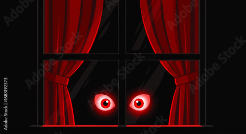 Glowing red eyes peering from darkness behind red curtains.