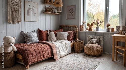 Stylish composition of cozy scandinavian child's room interior with bed, rattan basket, plush and wooden toys and textile hanging decorations. Creative wall, carpet on the floor.
