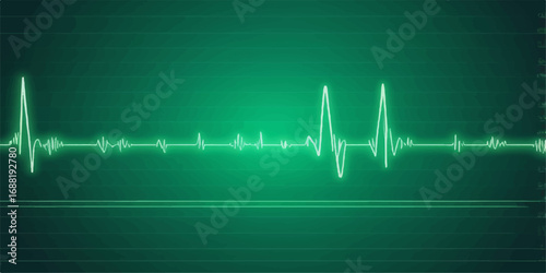 Heartbeat cardiogram line on a green monitor with an electrocardiogram illustration for medical and healthcare technology