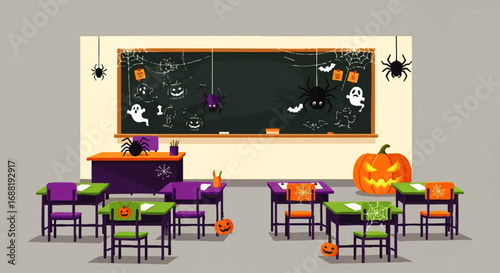 Halloween decorated classroom with desks chairs and blackboard.
