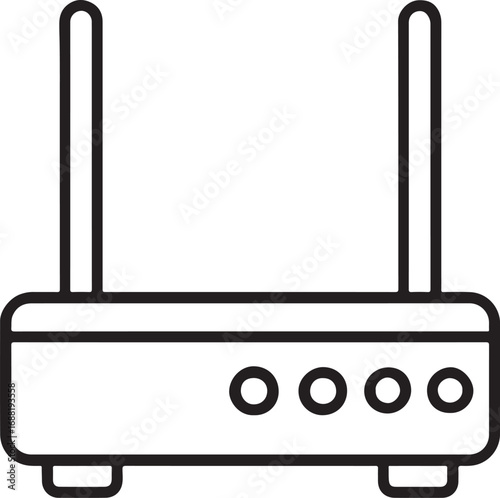Vector art of simple line art icon of a wireless router with two antennas and four indicator lights