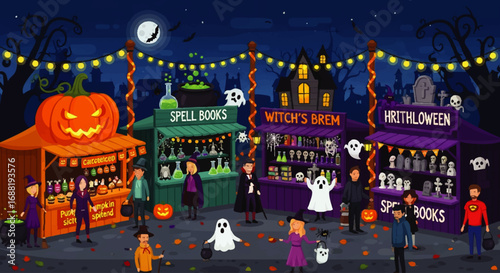 Halloween street market with spooky stalls and costumed people.