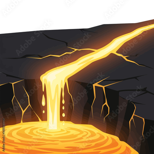 Pixel Art Lava Flowing From Dark Rock Formation into Circular Pool in Seamless Video Game Style Landscape