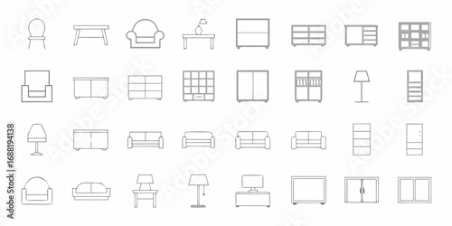 Collection of simple line art icons representing various furniture pieces for home and office interior design
