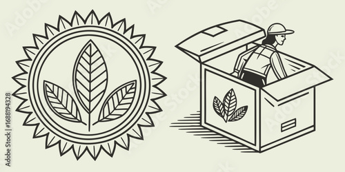 Illustrating the concept of organic agricultural products and their delivery to consumers through a person inside a box